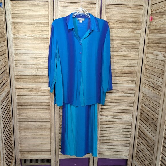 Dera Lauren Blue and Teal Button-Up Blouse and Dress Set Size 1X - Picture 1 of 15